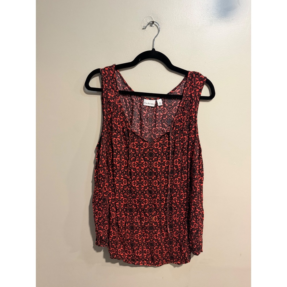 Kim Rogers Womens XL Red Black Geometric Medallion Print Sleeveless Tie Neck Top